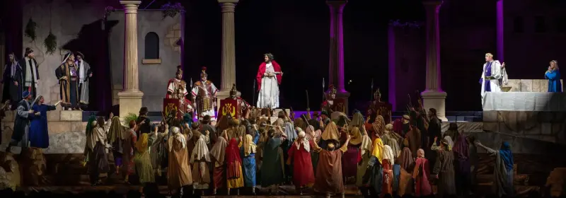 Large outdoor community gathering at the Mesa Arizona Temple Easter Pageant